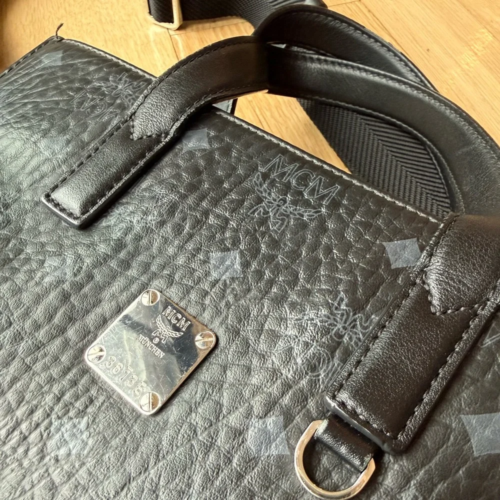 MCM Black Monogram Leather Briefcase Tote with Silver Plaque